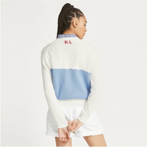 NEW Polo Ralph Lauren American Flag Beach Sweater in White Ivory | size M - Picture 3 of 10